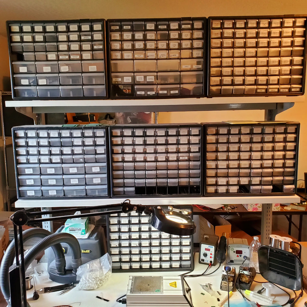 Electronic lab filled with Acro Mills storage bins