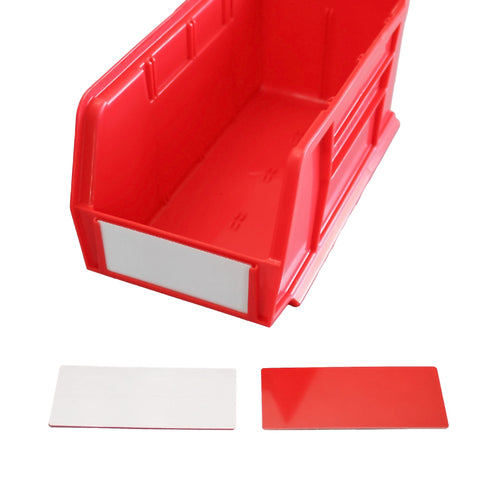 Red Akro bin showing red and white Kanban label insert installed