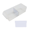 Translucent plastic storage bin with a removable white divider inserted vertically in the center, shown from a front angled view on a white background.