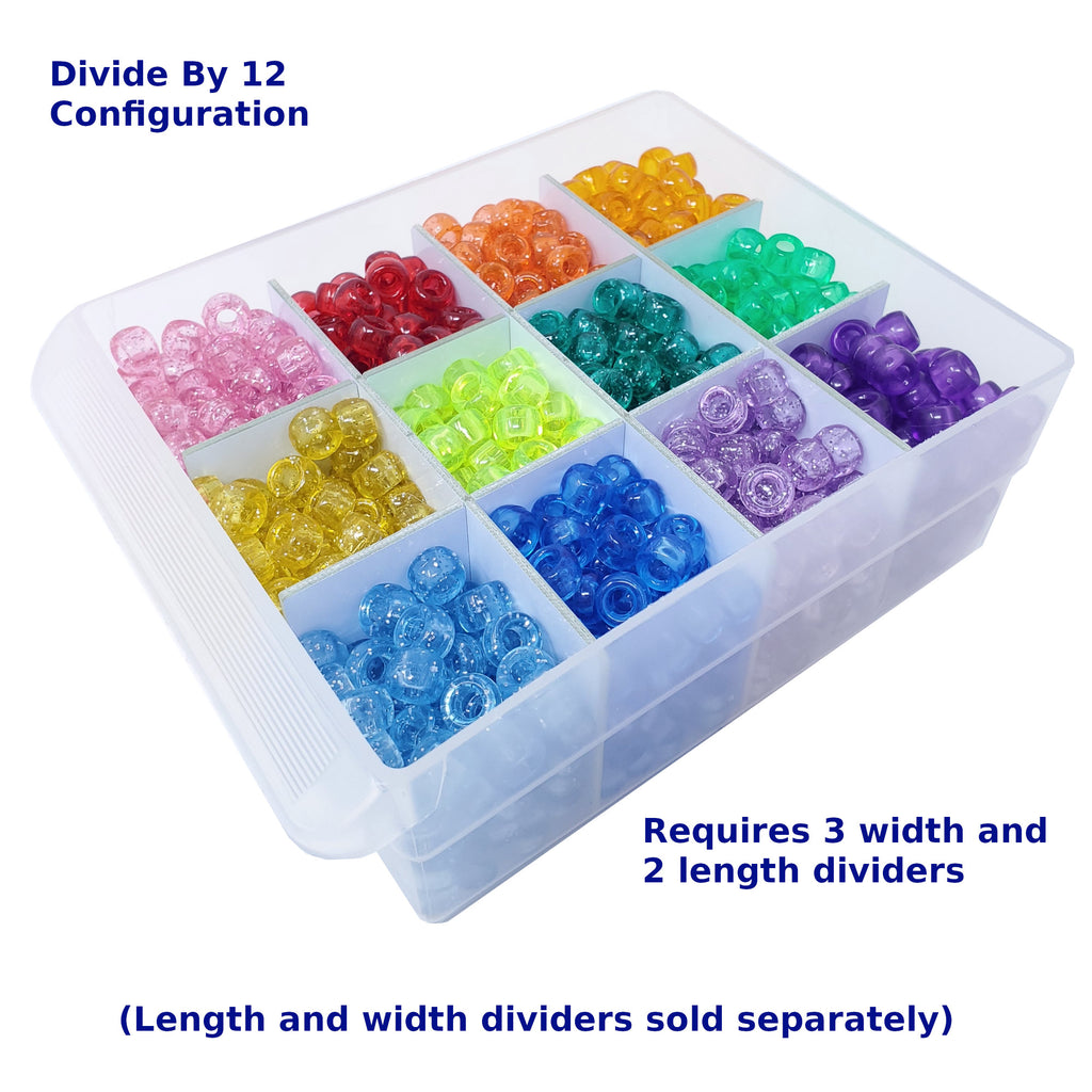 Colorful beads in a divided storage container with text indicating configuration details.