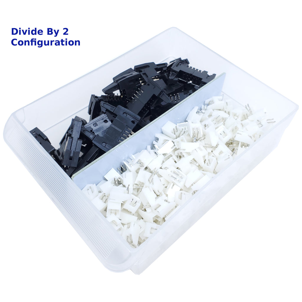 Set of black and white connectors in a clear container with text 'Divide By 2 Configuration'.