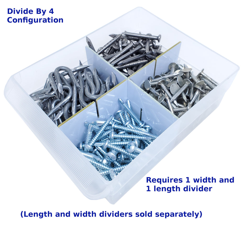 Divided container with nails and screws, labeled 'Divide By 4 Configuration'.