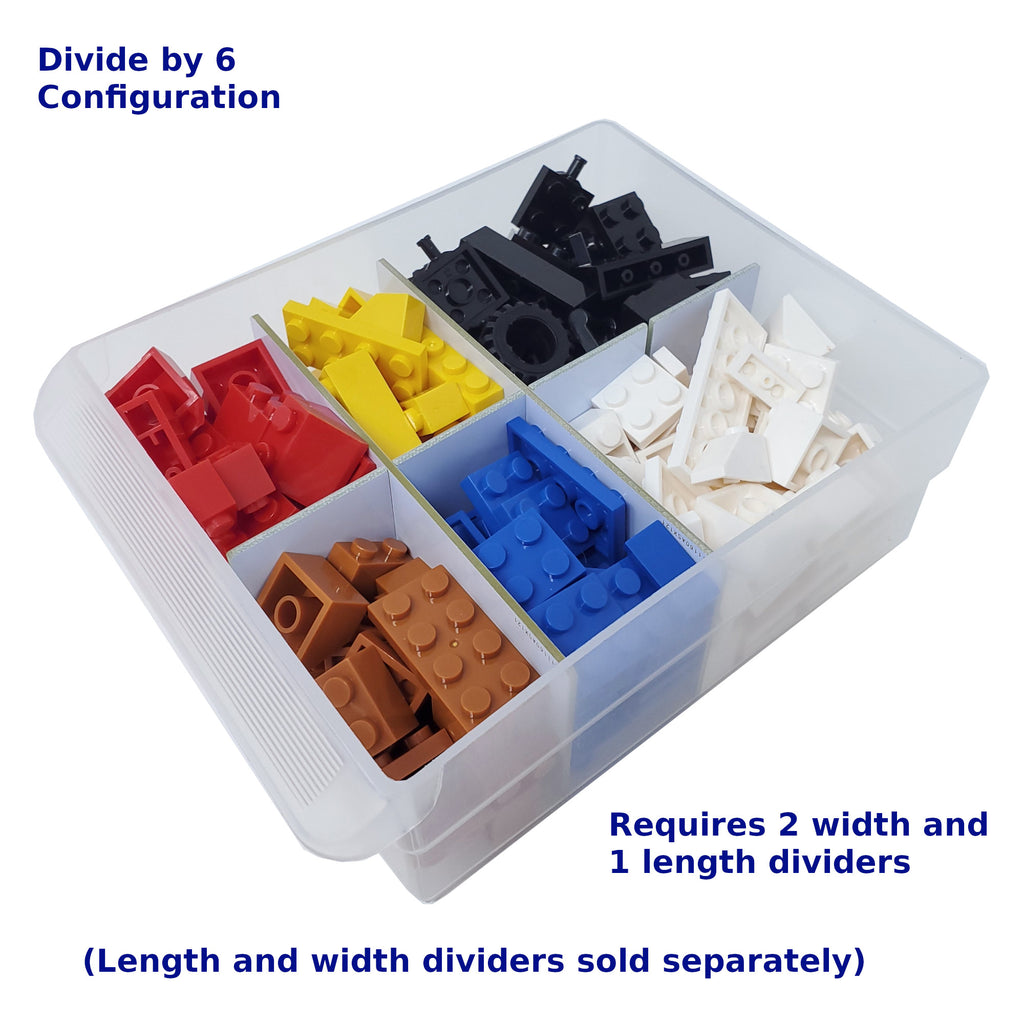 Divided storage container with colored building blocks and text indicating configuration and divider requirements.