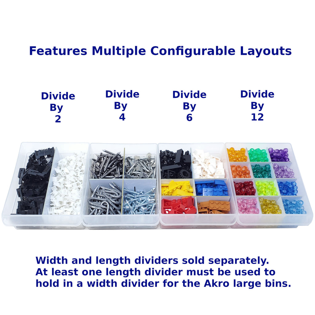 Divided storage bins with labeled sections for dividing by 2, 4, 6, and 12, containing various small items.