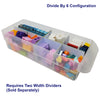 Clear plastic organizer with colorful compartments filled with small items, on a white background.