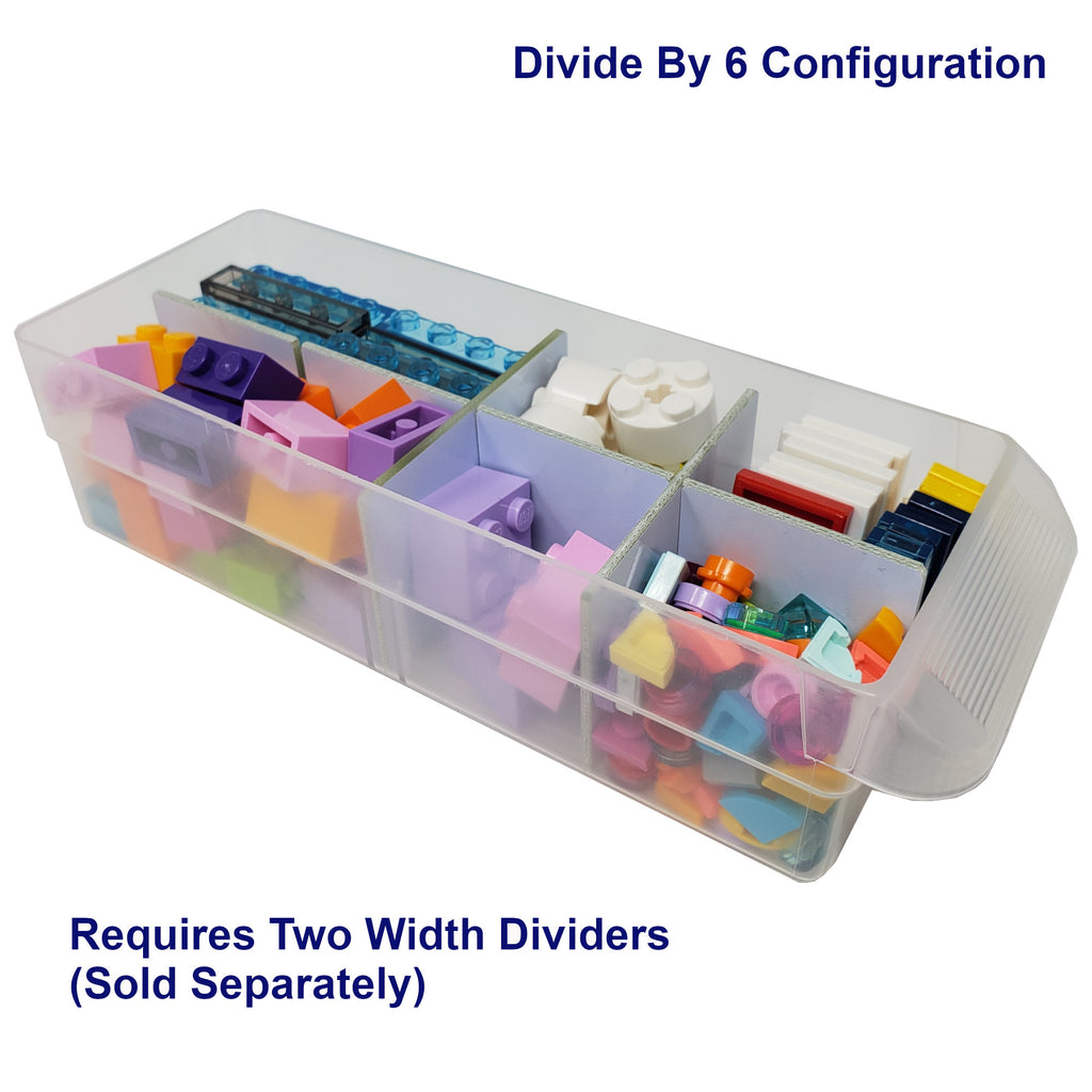 Clear plastic organizer with colorful compartments filled with small items, on a white background.