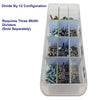 Clear organizer with compartments filled with screws and nuts, labeled 'Divide By 12 Configuration'.