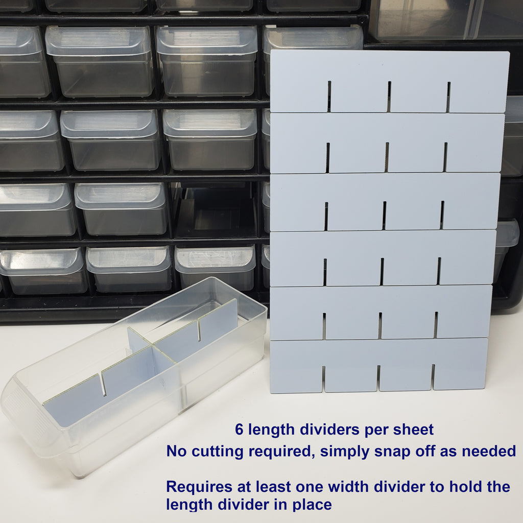Stack of white length dividers with text overlay on a white background