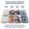 Set of clear storage bins with labeled compartments containing small items, divided by factors of 2, 4, 6, and 12.