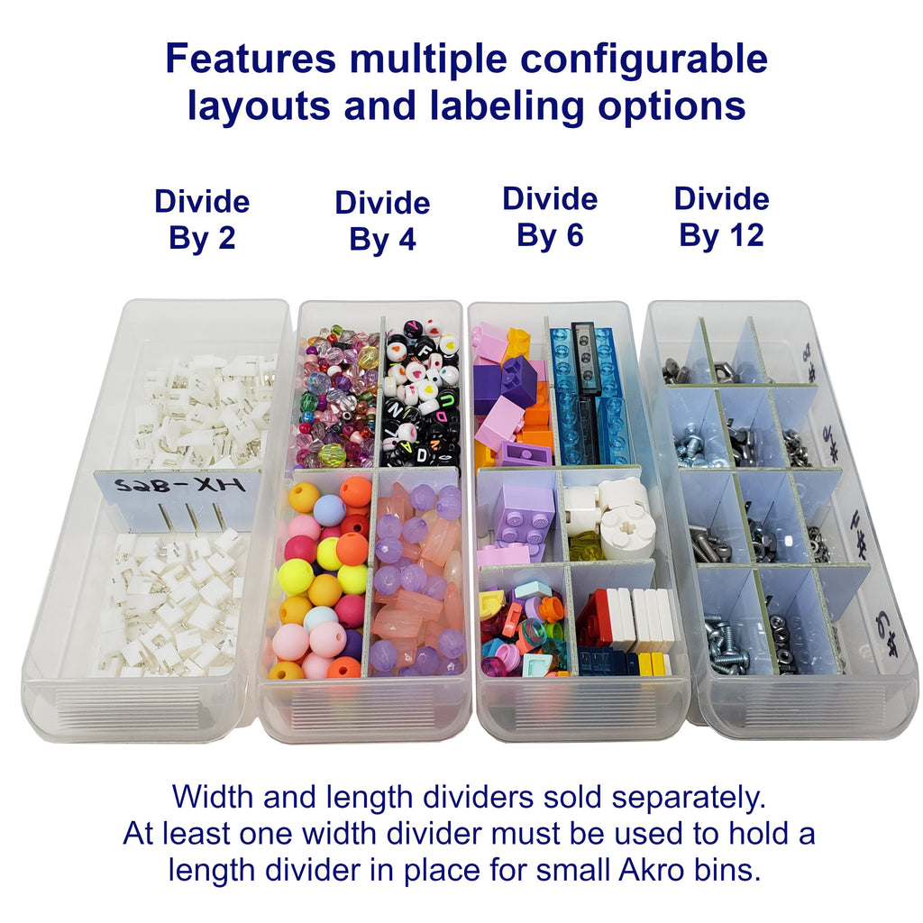 Set of clear storage bins with labeled compartments containing small items, divided by factors of 2, 4, 6, and 12.