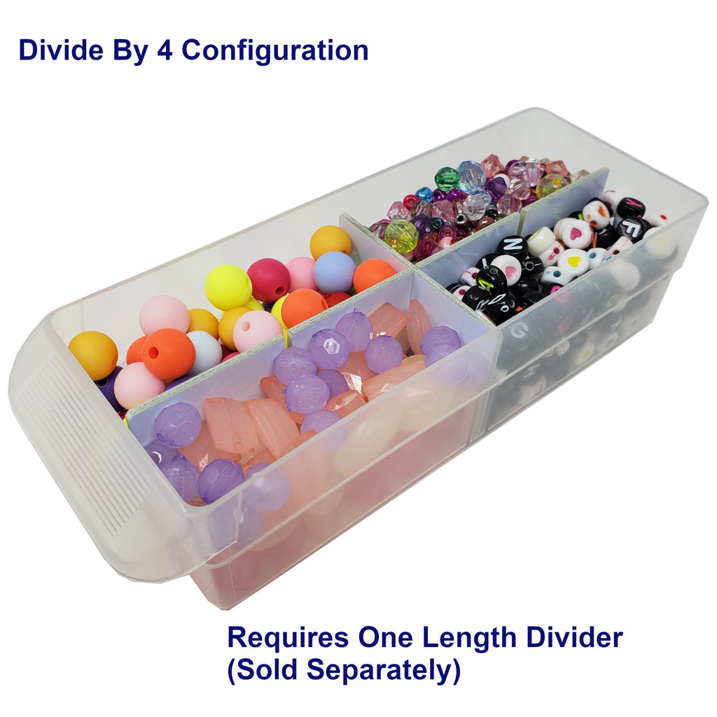 Clear container with compartments filled with colorful beads, labeled 'Divide By 4 Configuration'.