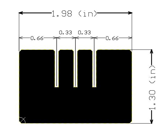 Overall size 1.98in x 1.30in. Slot spacing: 0.66in, 0.33in, 0.33in, 0.66in.
