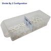 Clear plastic container with white components labeled 'Divide By 2 Configuration' on a white background.