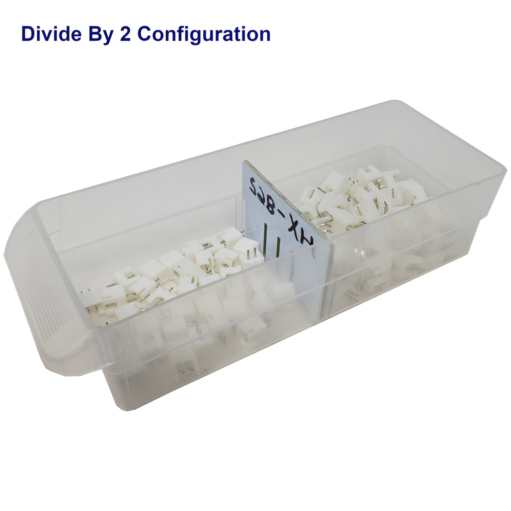 Clear plastic container with white components labeled 'Divide By 2 Configuration' on a white background.