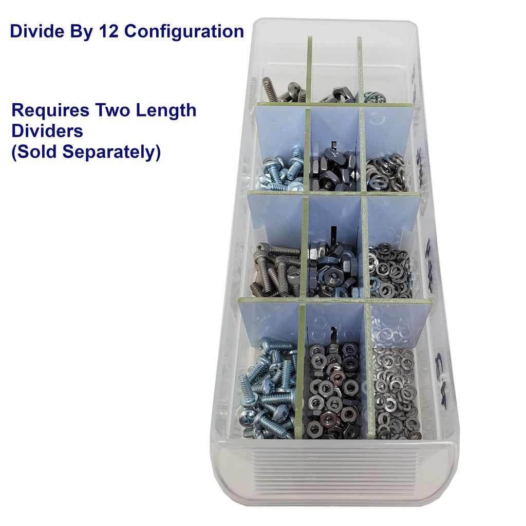 Clear organizer with compartments filled with screws and nuts, labeled 'Divide By 12 Configuration'.